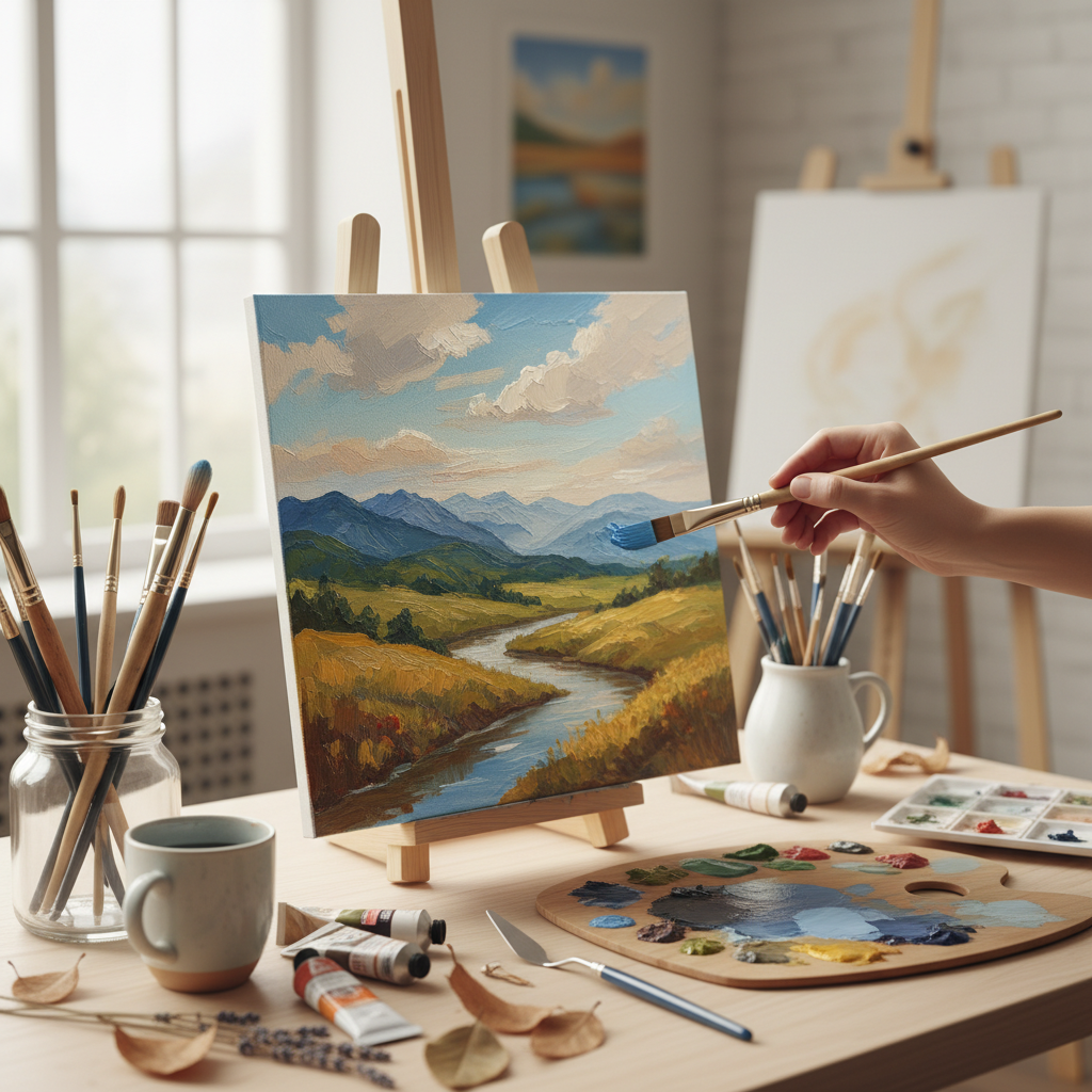 artist hand holding a brush painting a landscape