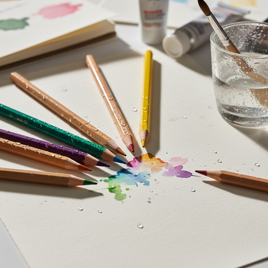 watercolor pencils with water droplets