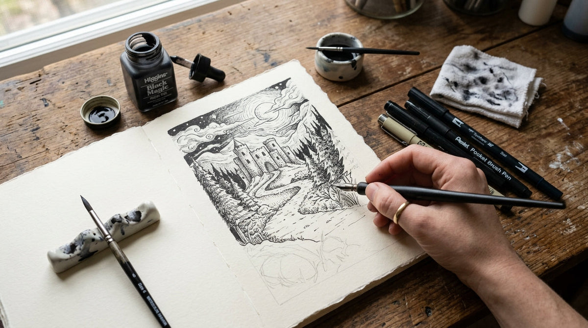 Inktober рисунка с туш, направена с писец и мастило