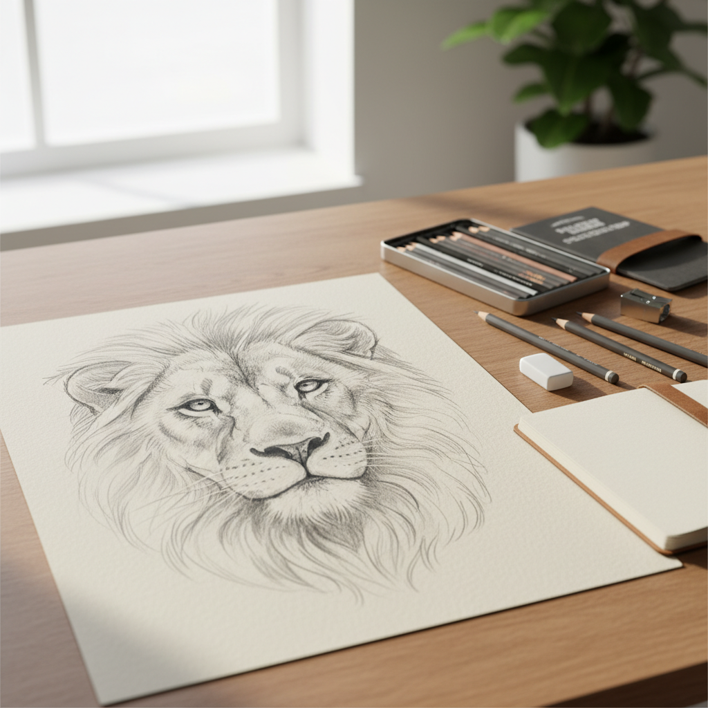 detailed pencil sketch of a lion