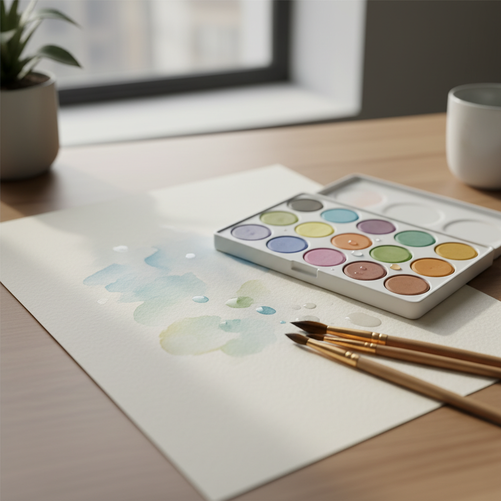 watercolor paint set with brushes on paper
