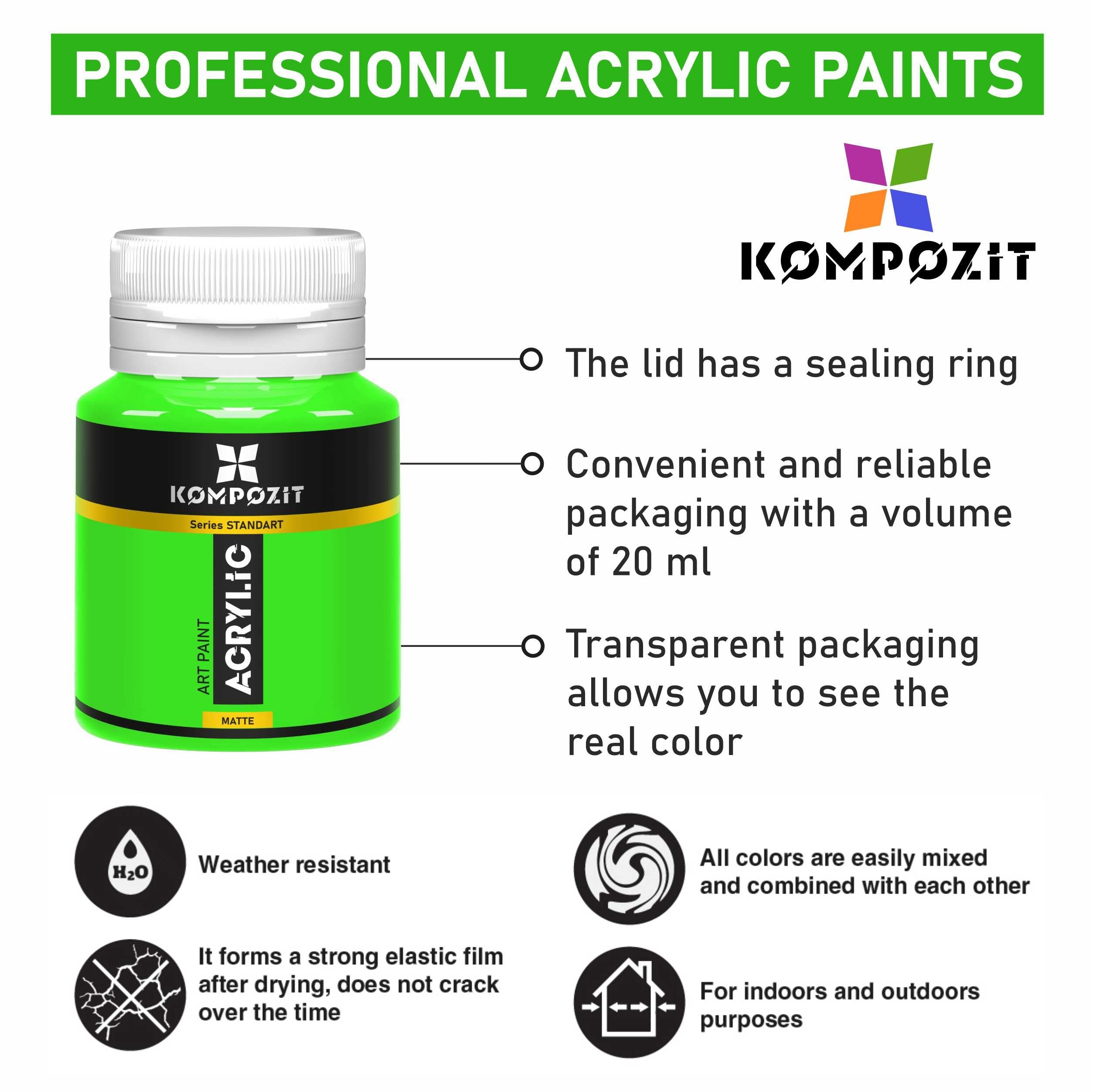 Σετ ακρυλικών χρωμάτων Kompozit STANDART Fluorescent 6 x 20 ml