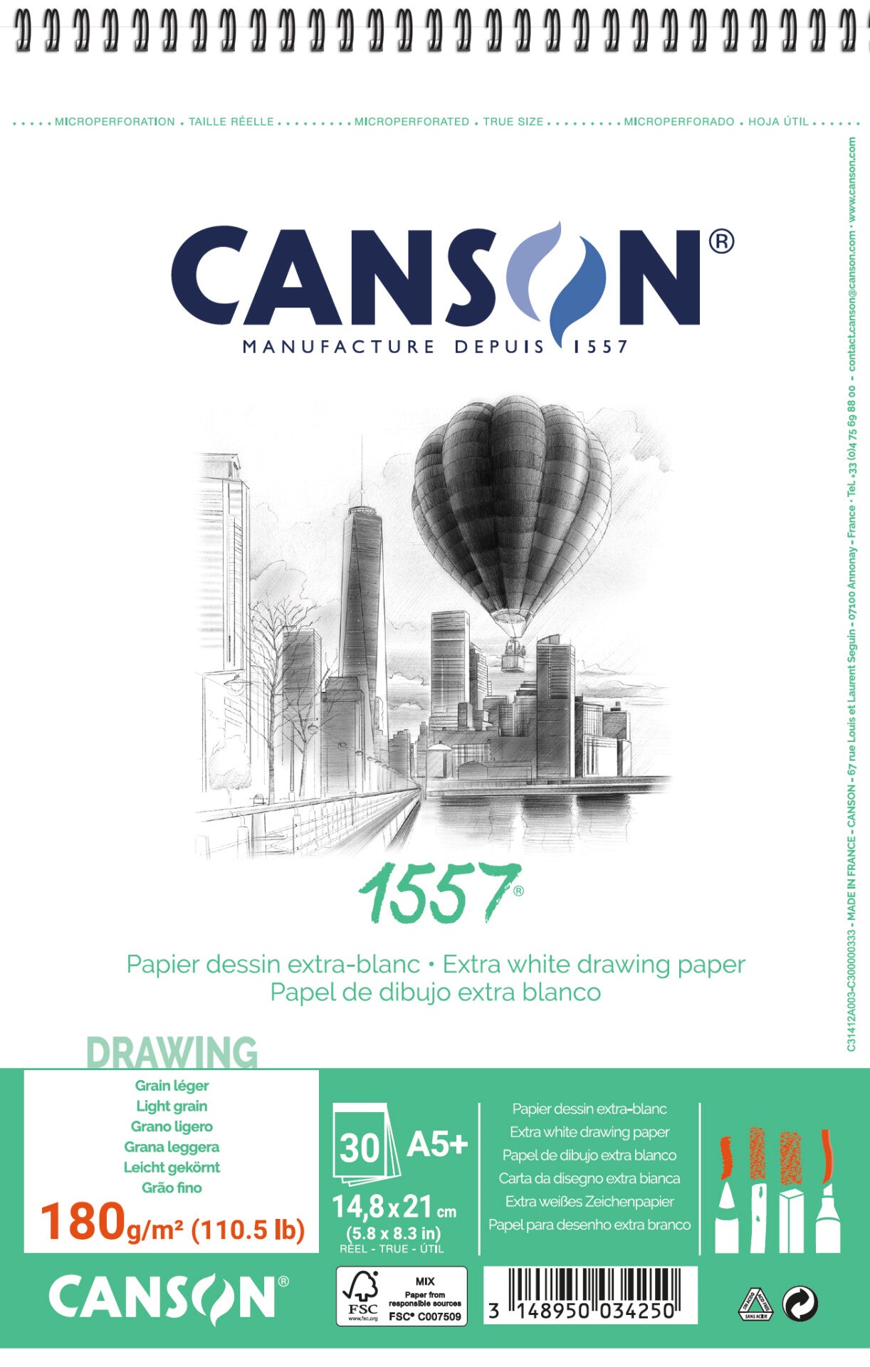 Μπλοκ σχεδίου CANSON 1557 180 g/m² A5 30 φύλλα, με σπιράλ