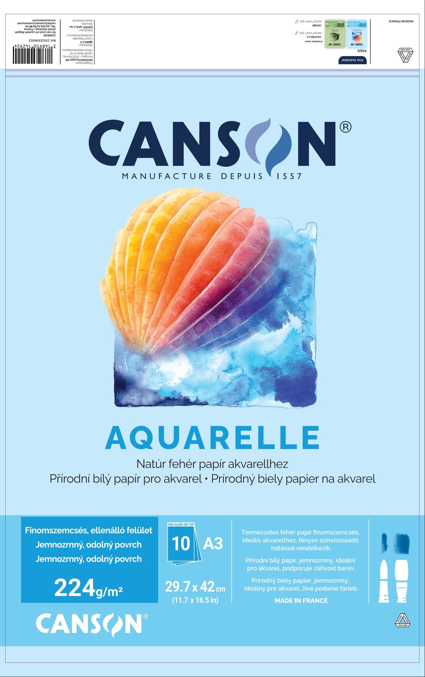 Μπλοκ ακουαρέλας Canson CP 224 g/m² A3 - 10 φύλλα, κολλητό