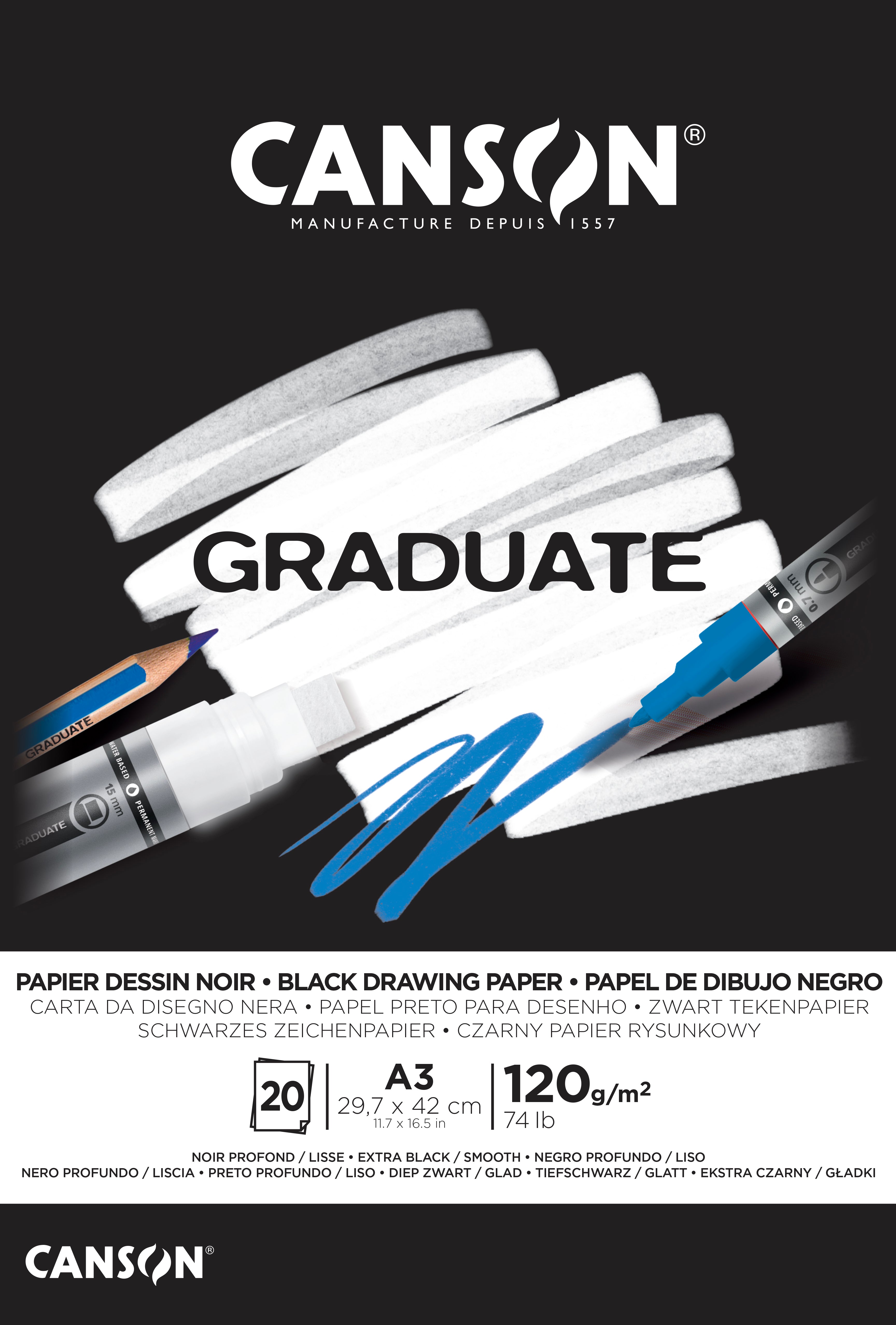 Μπλοκ σχεδίου με μαύρο χαρτί CANSON Graduate 120 g/m² A3 - 20 φύλλα, κολλητό