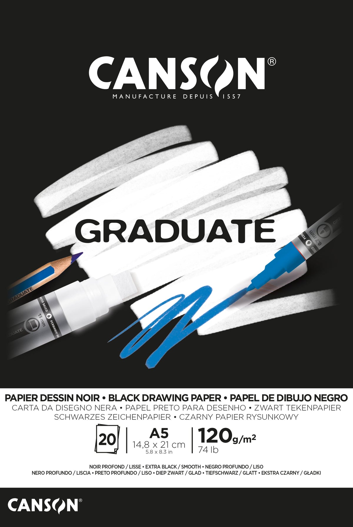 CANSON Graduate μαύρο μπλοκ σχεδίου 120 g/m² 20 φύλλα A5 κολλητό