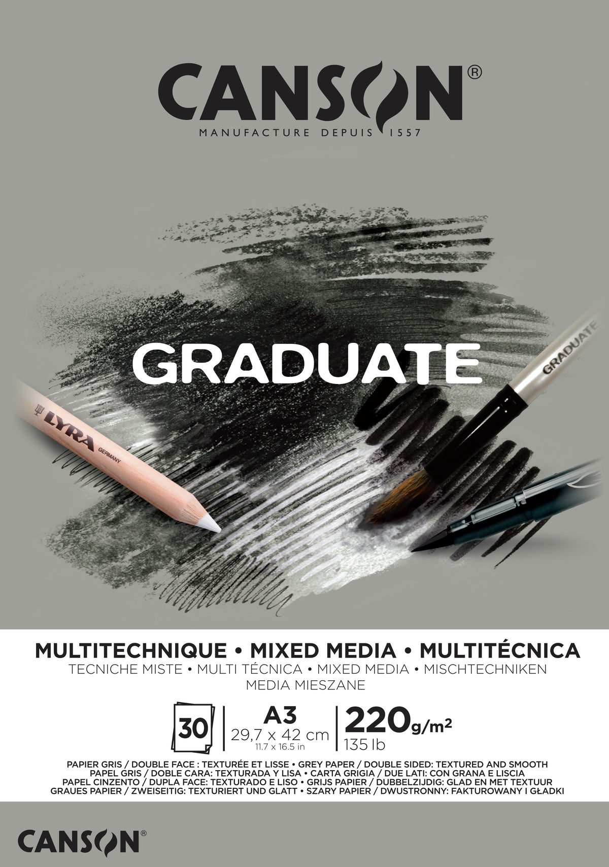 CANSON Graduate Mix Media μπλοκ γκρι 220 g A3, 30 φύλλα, κολλητό