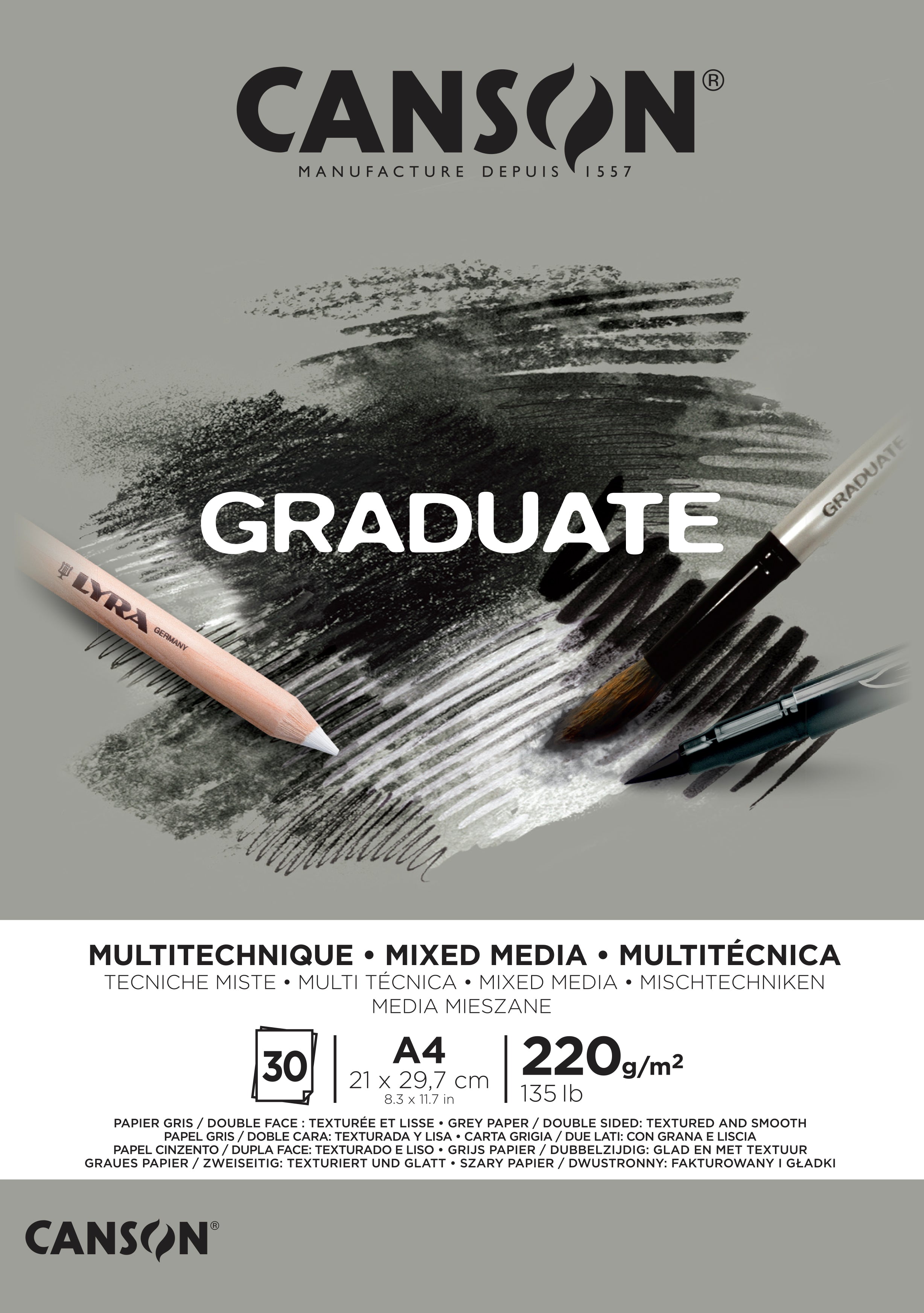 Μπλοκ Canson Graduate Mix Media Grey 220 g/m² - 30 φύλλα, A4, κολλητό
