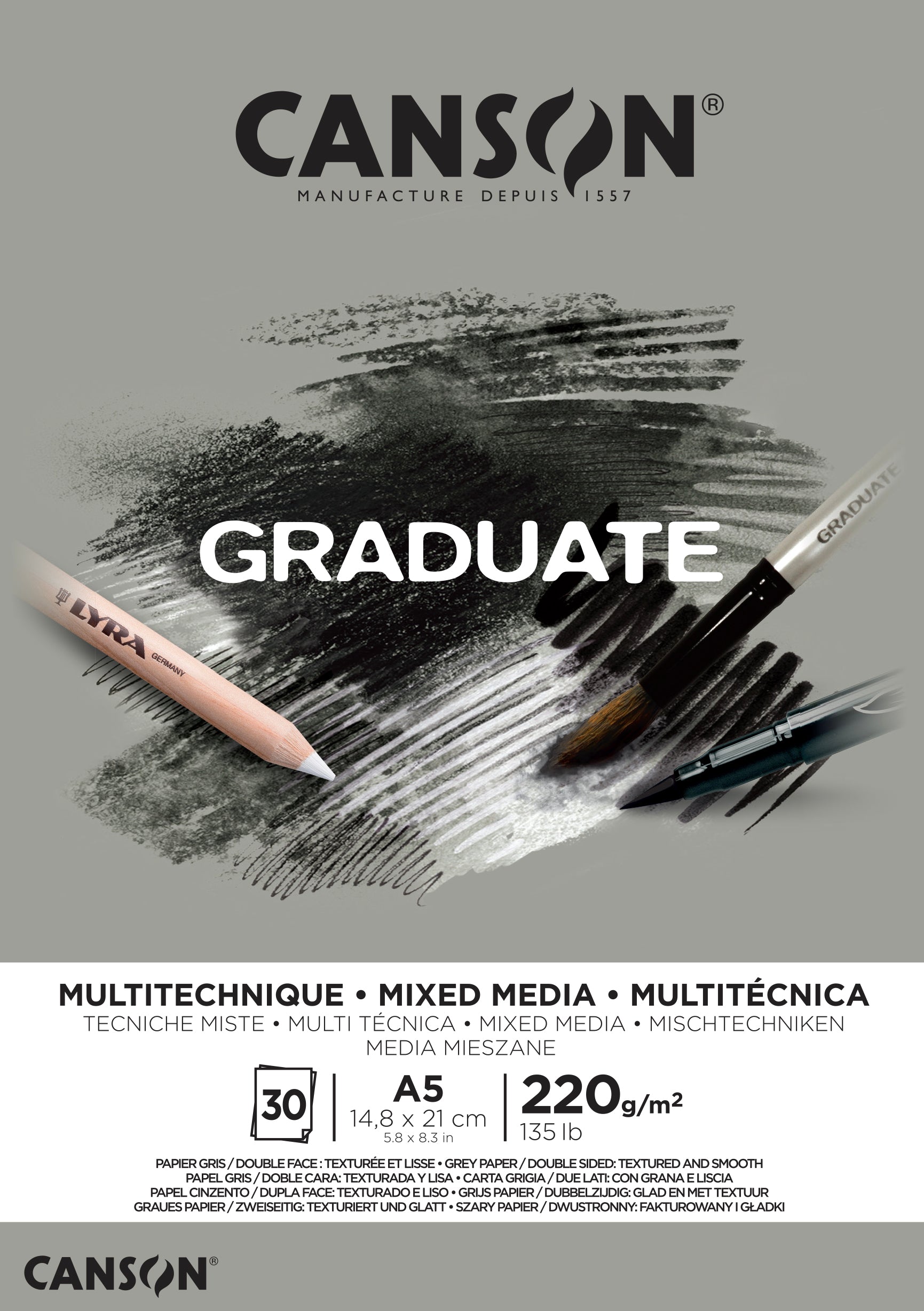 CANSON Graduate Mix Media μπλοκ γκρι 220 g A5 - 30 φύλλα κολλητό