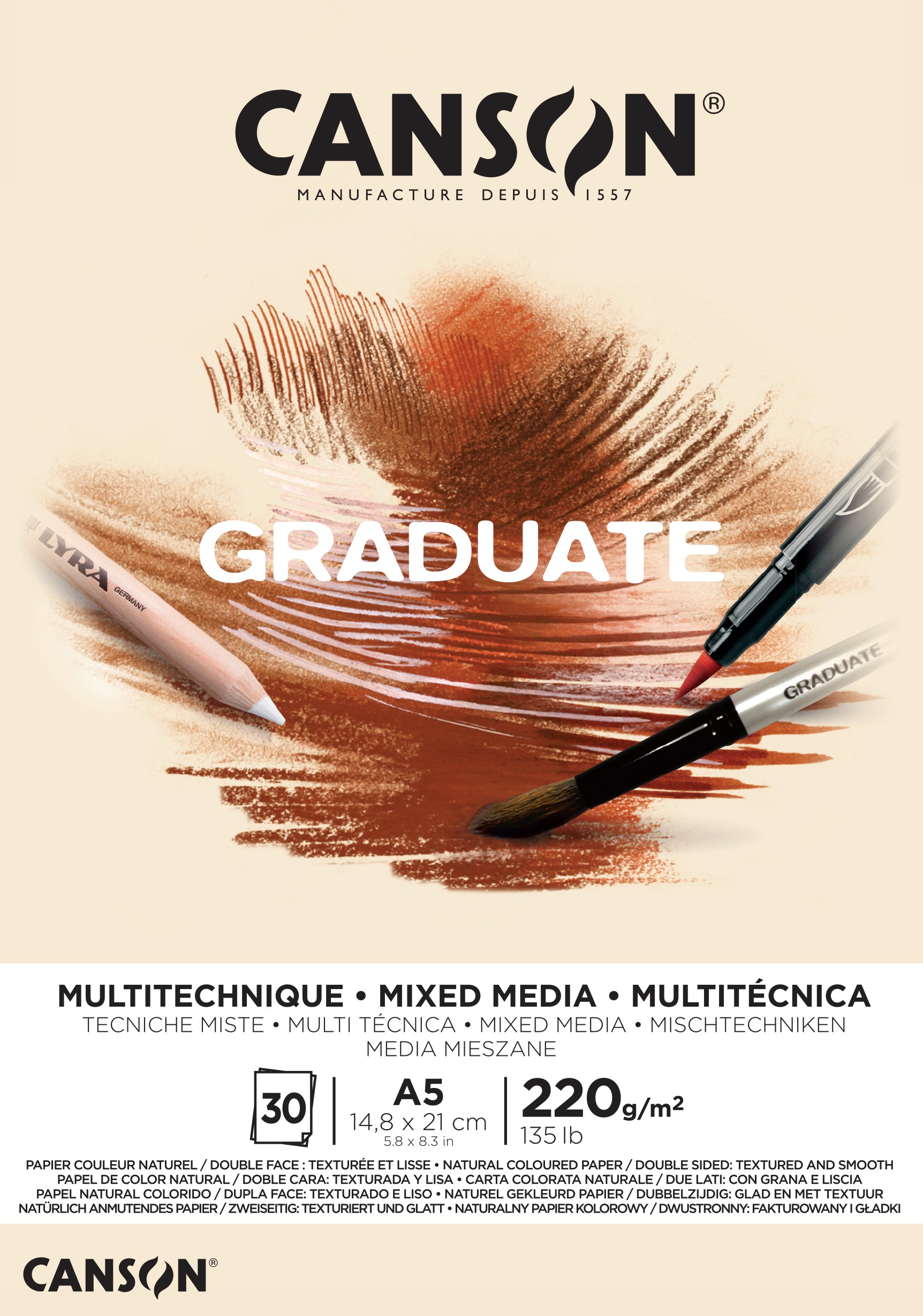 Μπλοκ Canson Graduate Mix Media Natural 220 g 30 φύλλα A5 κολλητό