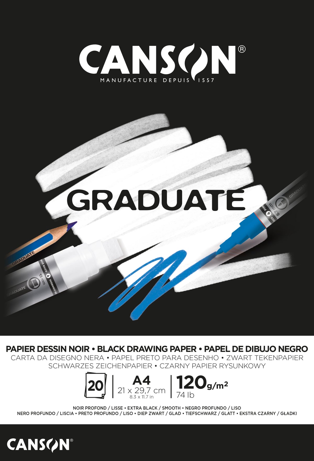 Canson Graduate μπλοκ σχεδίου με μαύρο χαρτί 120 g/m² A4 με κόλλα - 20 φύλλα