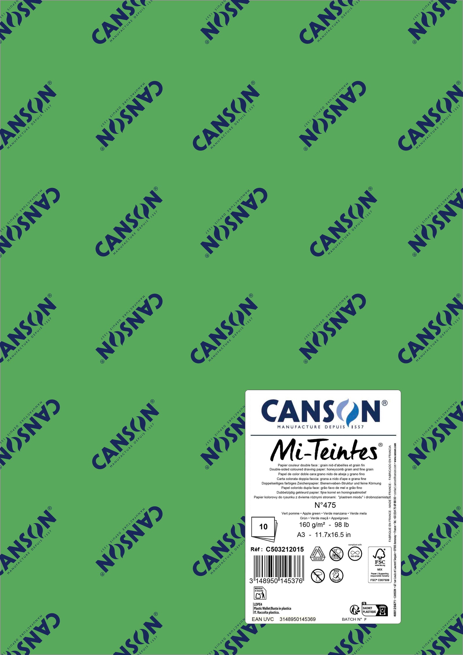 Χαρτί για παστέλ Canson Mi-Teintes A3 160 g - 10 φύλλα – Πράσινο Μήλο 475