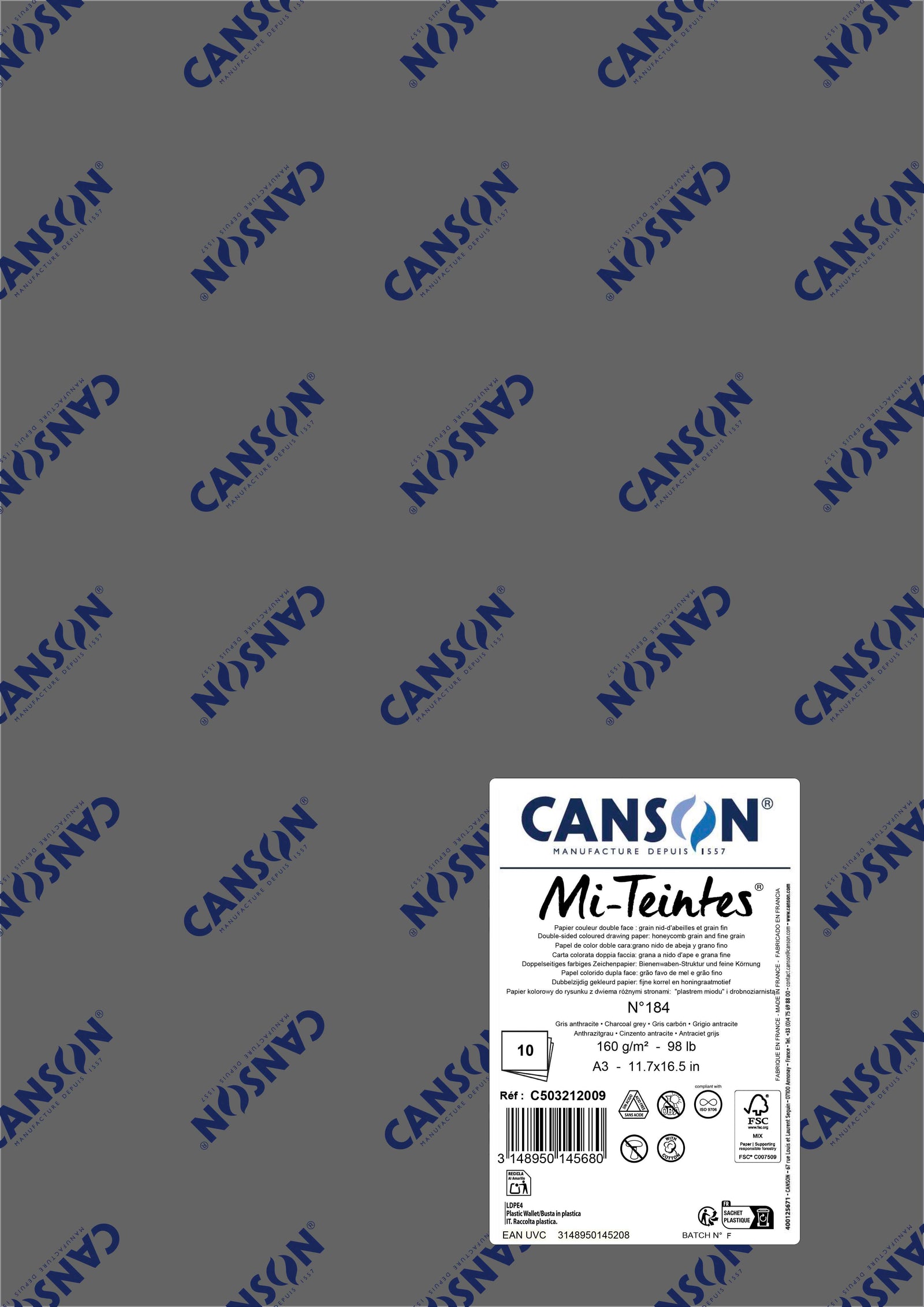 Χαρτί για παστέλ Canson Mi-Teintes A3 160 g - 10 φύλλα – Γκρι Ανθρακί 184