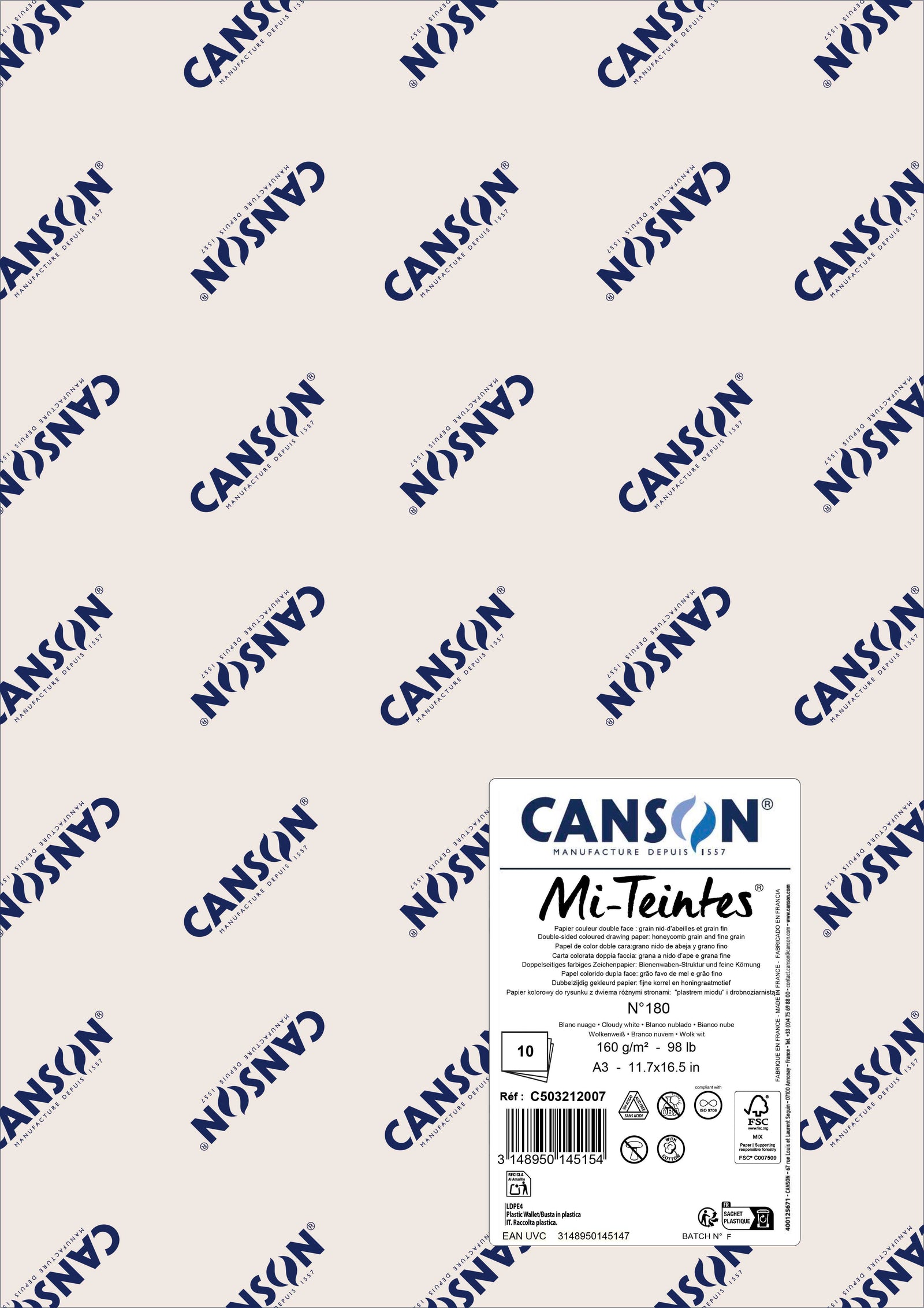 Χαρτί για παστέλ Canson Mi-Teintes A3 160 g - 10 φύλλα – Νεφελώδες Λευκό 180