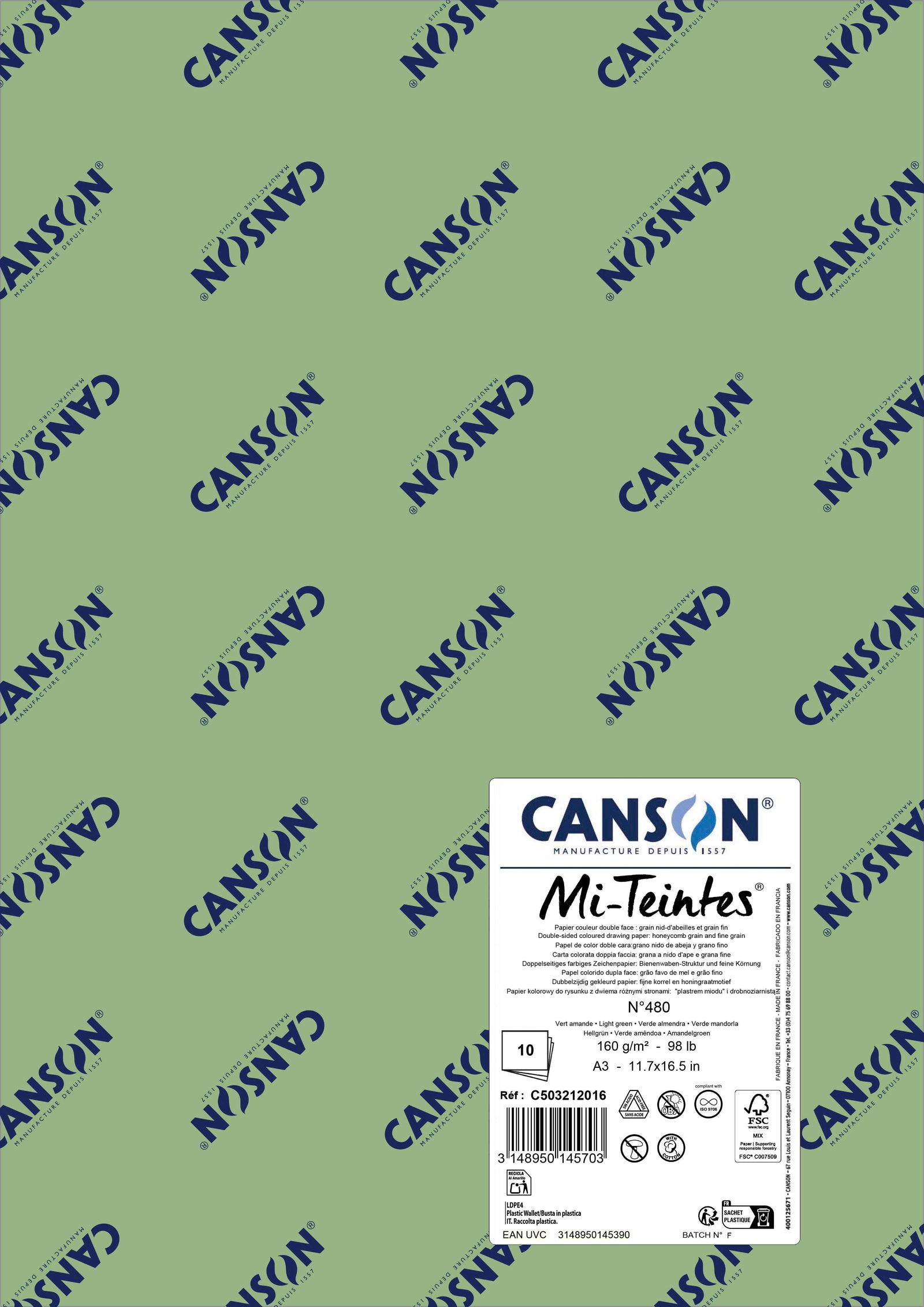Χαρτί για παστέλ Canson Mi-Teintes A3 160 g - 10 φύλλα – Ανοιχτό Πράσινο 480