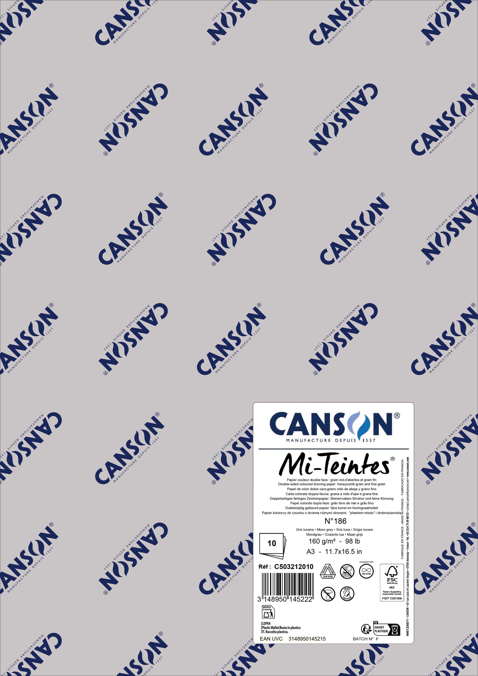 Χαρτί για παστέλ Canson Mi-Teintes A3 160 g - 10 φύλλα – Γκρι της Σελήνης 186