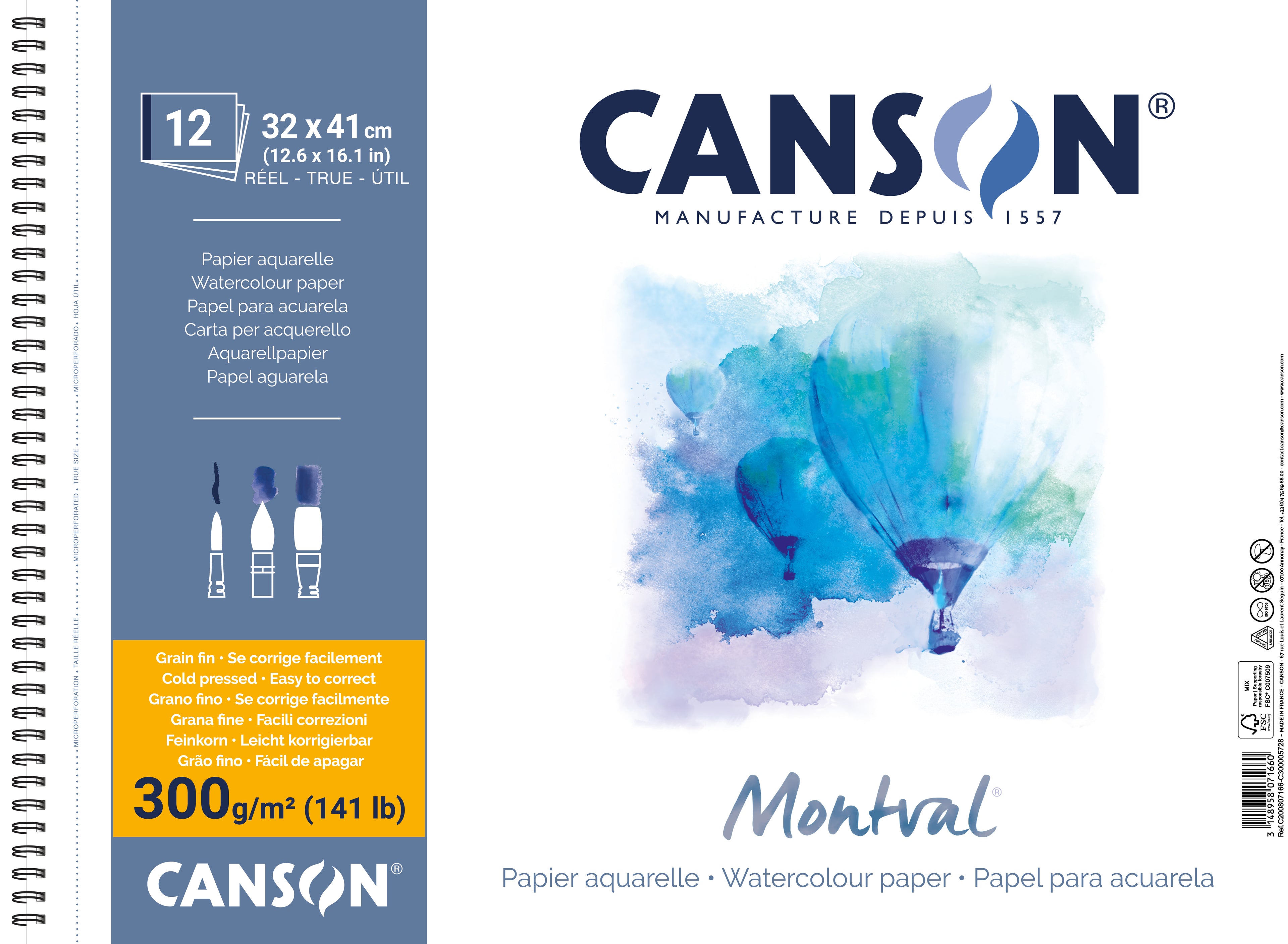 CANSON Montval μπλοκ ακουαρέλας CP 300 g/m² 12 φύλλων 32 x 41 cm με σπιράλ