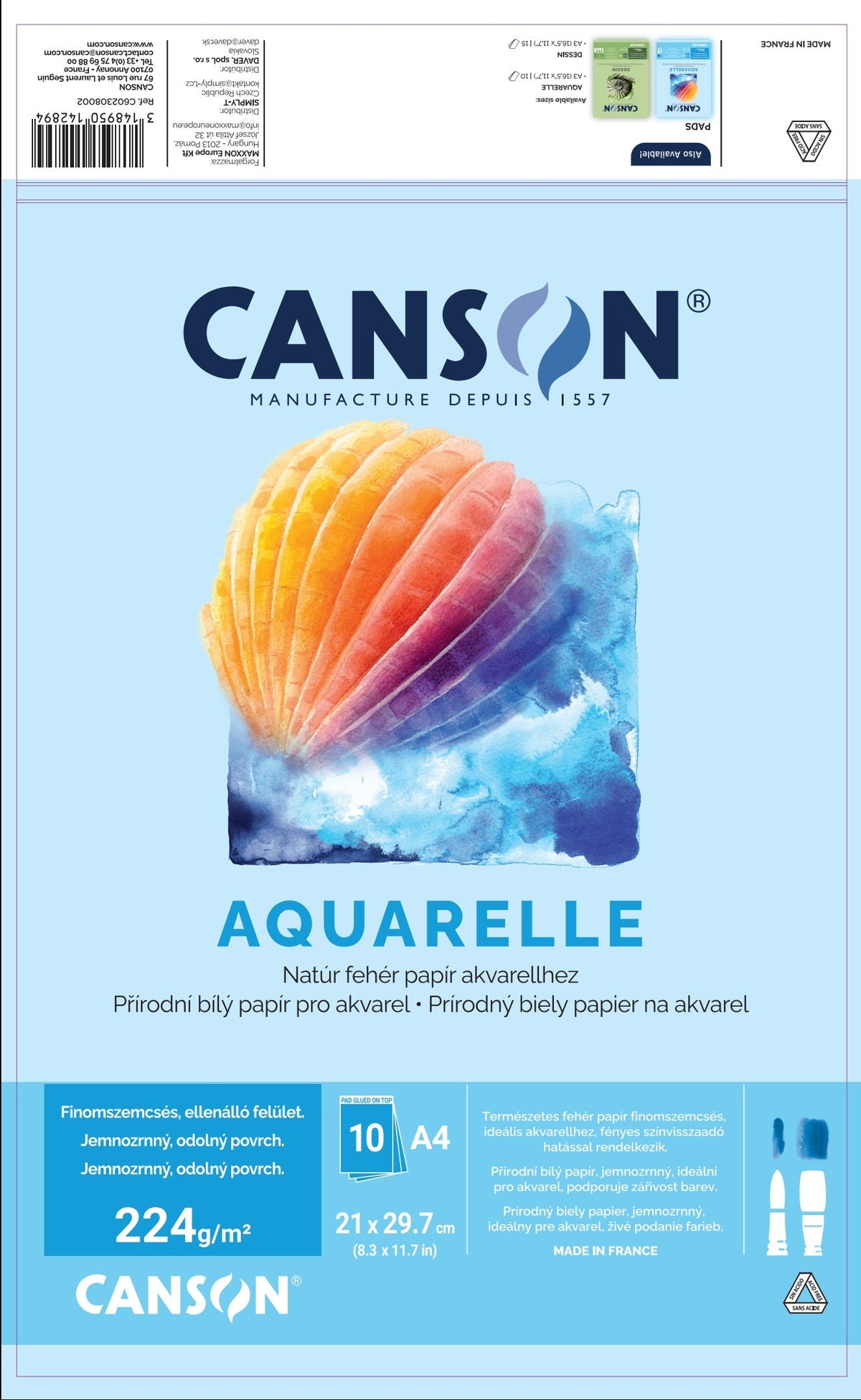 Canson μπλοκ ακουαρέλας CP 224 g/m² 10 φύλλα A4 κολλητό