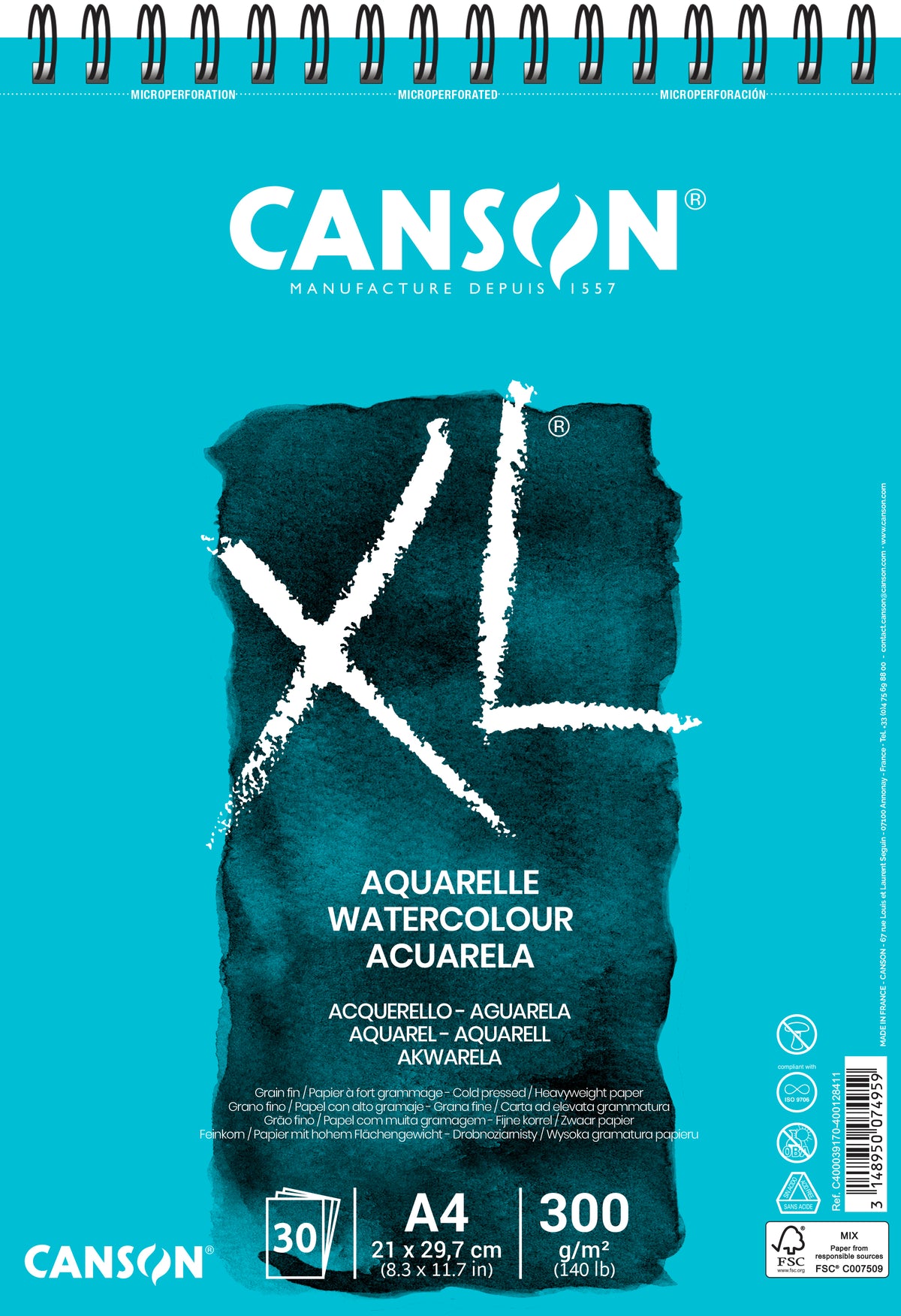 Μπλοκ ακουαρέλας Canson XL CP White 300 g/m² - 30 φύλλα, A4, με σπιράλ