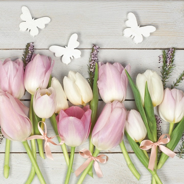 Χαρτοπετσέτες για ντεκουπάζ White & Pink Tulips on Wood - 1 τεμάχιο