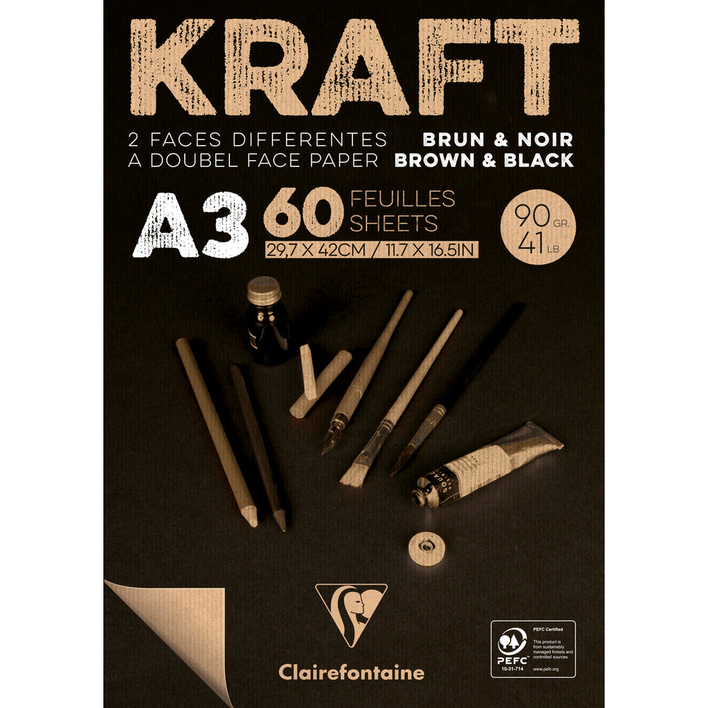 Clairefontaine μπλοκ kraft κολλητό – 90 g 60 φύλλα A3 Καφέ και Μαύρο