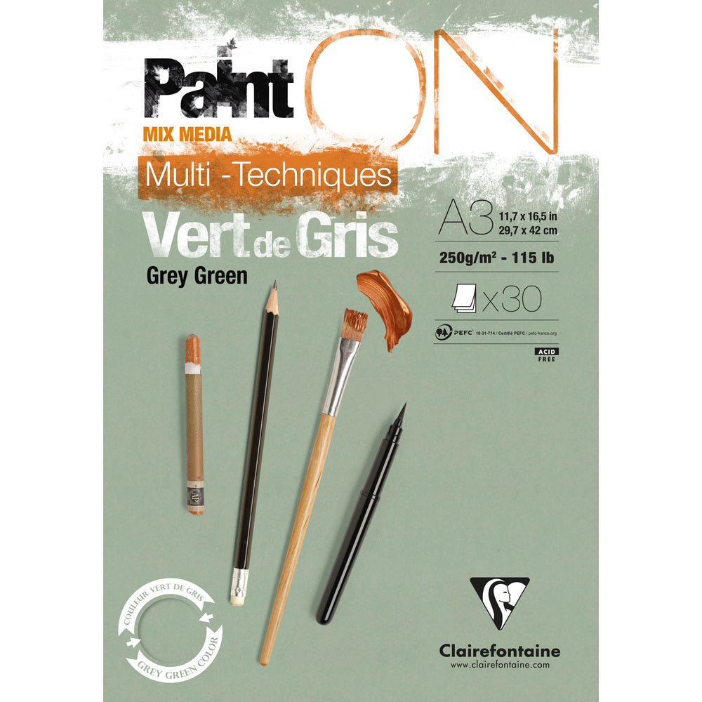 Clairefontaine Paint'On Mix Media μπλοκ 250 g με κόλλα – 30L A3 Γκρι Πράσινο