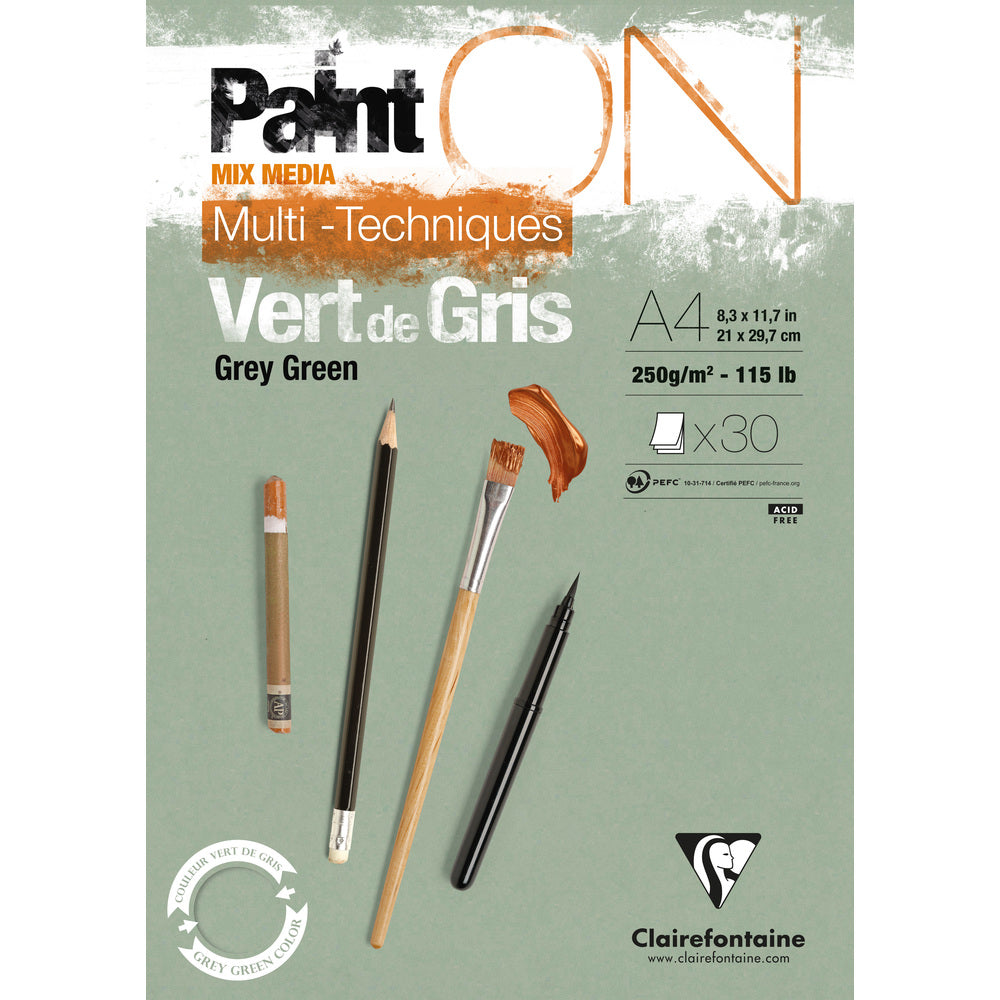 Clairefontaine Paint'On Mix Media μπλοκ 250 g με κόλλα – 30L A4 Γκρι Πράσινο