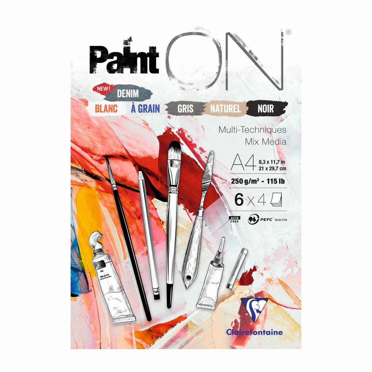 Clairefontaine Paint'On Mix Media μπλοκ No. 6 250 g 24 φύλλα κολλητό διάφορα χρώματα