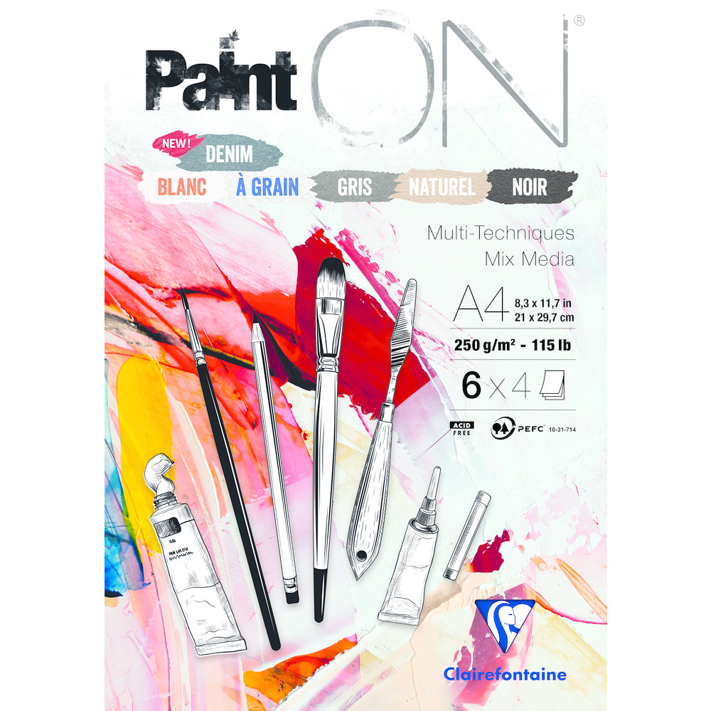 Clairefontaine Paint'On Mix Media μπλοκ No. 6 250 g 24 φύλλα κολλητό διάφορα χρώματα