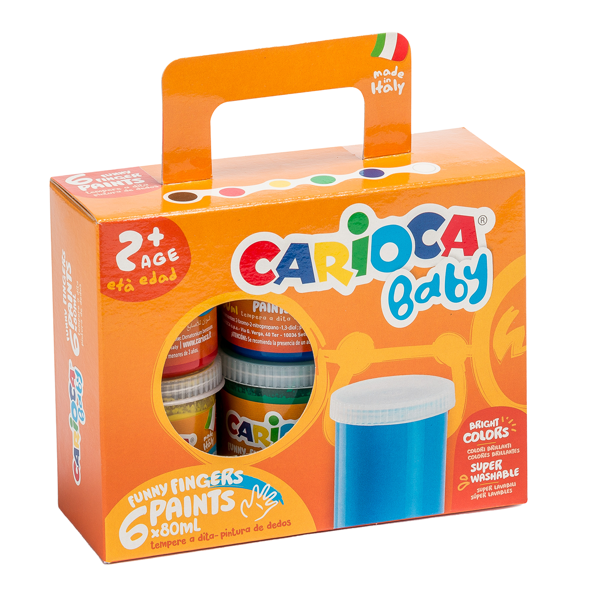 Δακτυλομπογιές Carioca Baby 2+, σε χάρτινο βαλιτσάκι, 6 × 80 ml