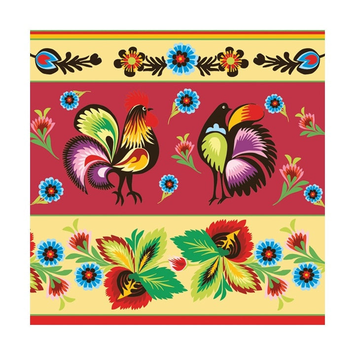 Εκο χαρτοπετσέτες για ντεκουπάζ - Folklore Roosters Cream & Red - 1 τμχ
