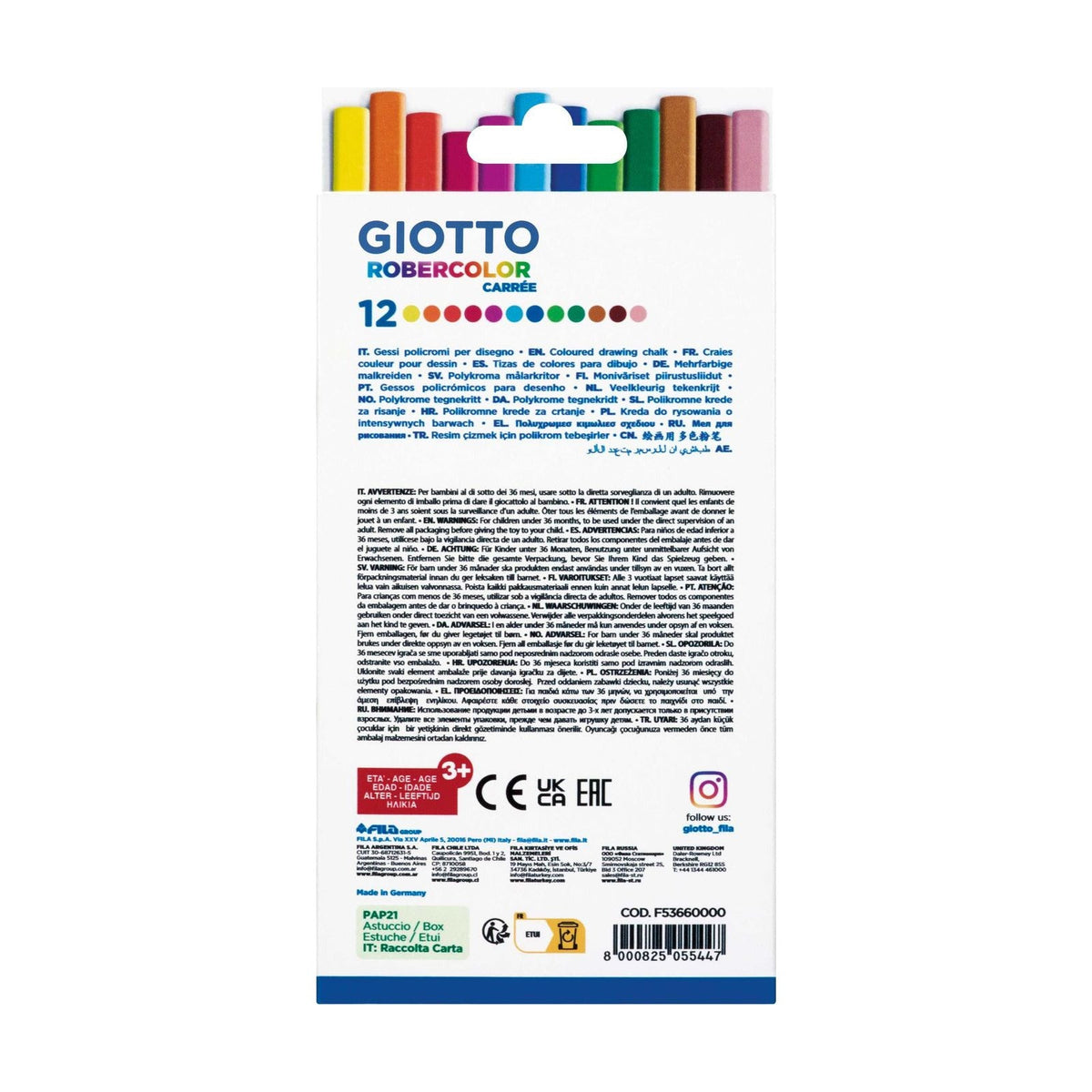 GIOTTO Robercolor Carré κιμωλίες χωρίς σκόνη τετράγωνες έγχρωμες 12 τμχ
