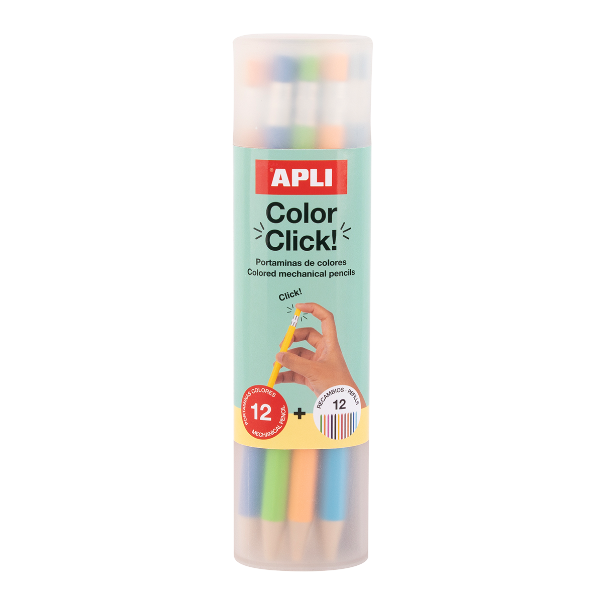 Μηχανικές ξυλομπογιές APLI Color Click, 12 τμχ με ανταλλακτικές μύτες και ξύστρα