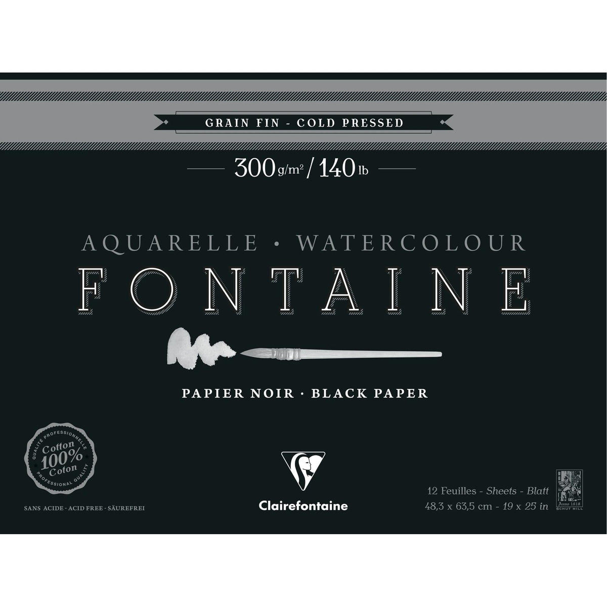 Μπλοκ ακουαρέλας CLAIREFONTAINE Fontaine CP μαύρο 300 g/m2 48,3 x 63,5 cm - 12 φύλλα