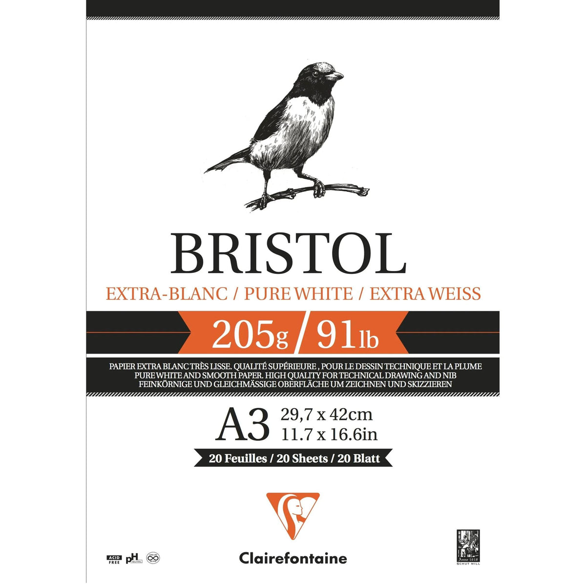 Μπλοκ σχεδίου CLAIREFONTAINE Bristol 205 g/m² A4 – A3 - 20 φύλλα