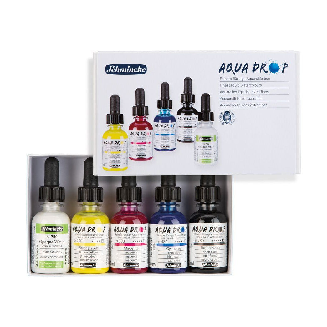 Schmincke AQUA DROP σετ σε χάρτινη συσκευασία, 5 x 30 ml (βασικά χρώματα) + καλυπτικό λευκό