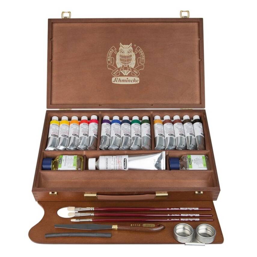 Schmincke MUSSINI ξύλινη κασετίνα με χρώματα 15 x 35 ml και λευκό 150 ml