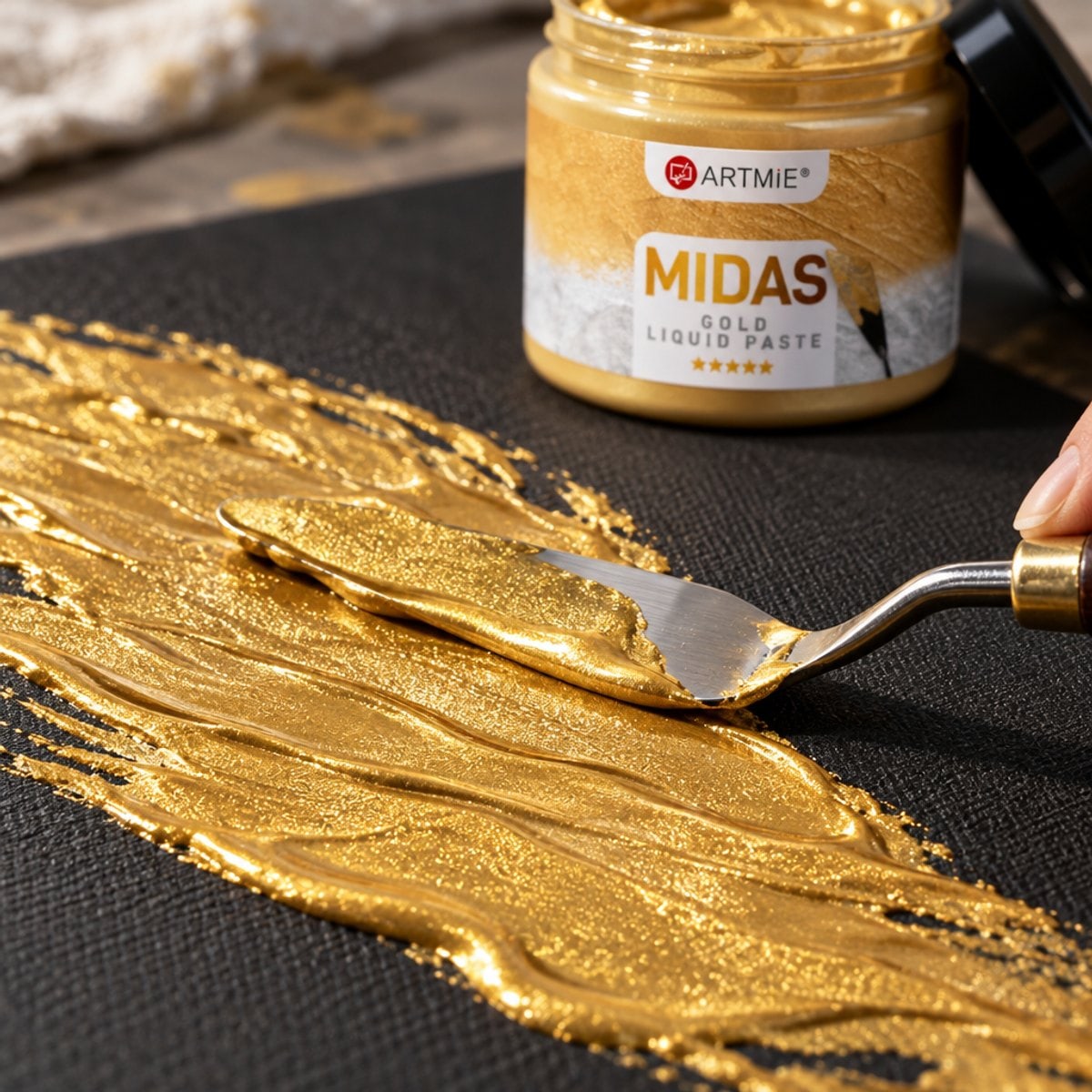 Εφαρμογή χρυσής μεταλλικής πάστας ARTMIE MIDAS με σπάτουλα σε μαύρο καμβά — μακρό