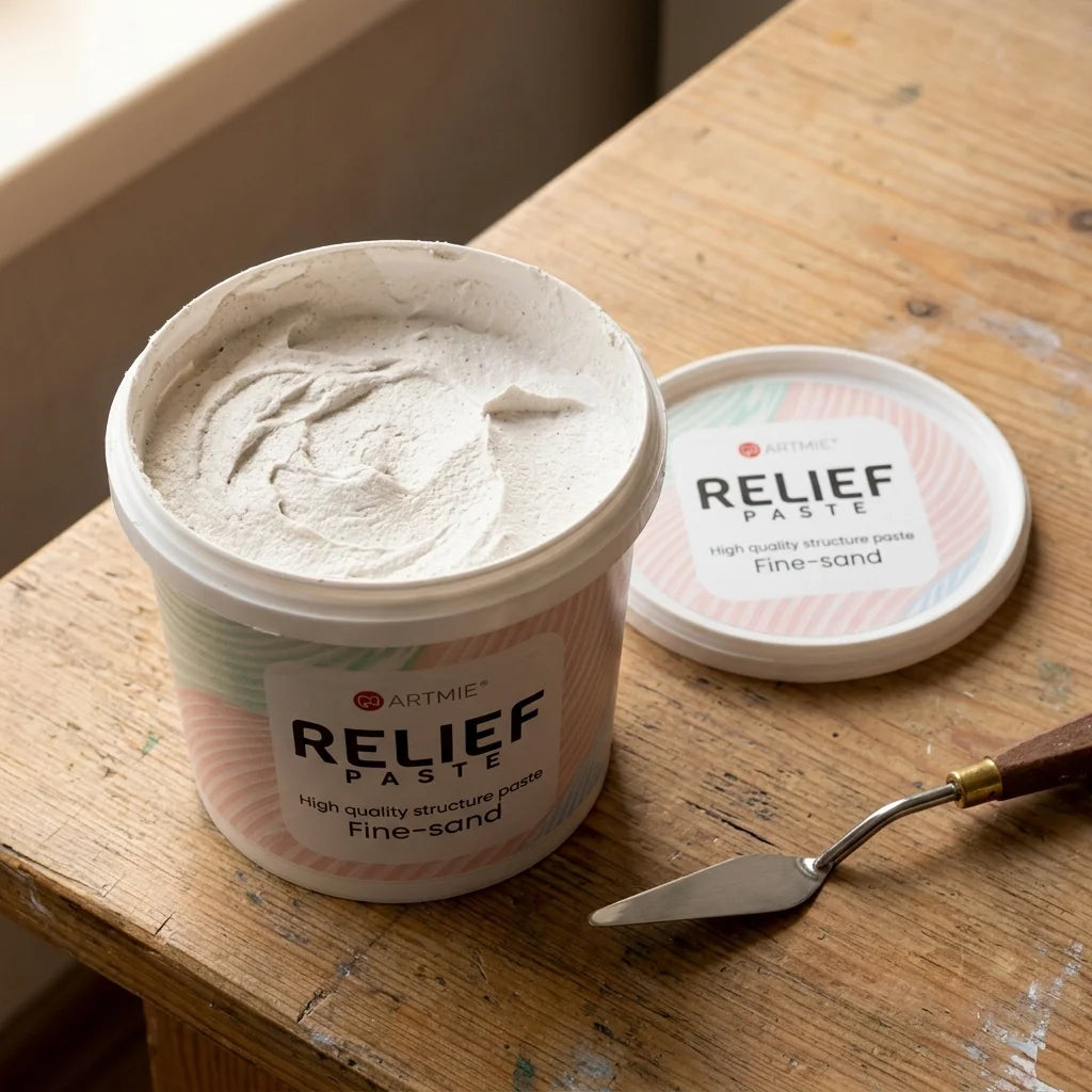 Ανοιχτή συσκευασία ARTMIE Relief Paste — ορατή αμμώδης δομή της πάστας στο εσωτερικό