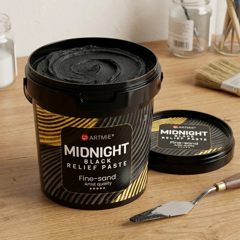 Ανοιχτή συσκευασία ARTMIE Midnight — ορατή μαύρη αμμώδης πάστα στο εσωτερικό