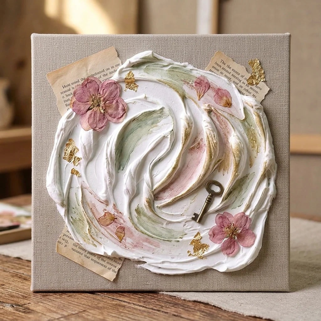 Mixed media κολάζ με πάστα Butter — αποξηραμένα λουλούδια, vintage χαρτί, ορειχάλκινο κλειδί
