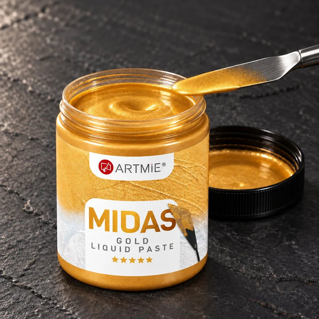 Ανοιχτό βαζάκι ARTMIE MIDAS — χρυσή υγρή μεταλλική πάστα με ορατή λάμψη