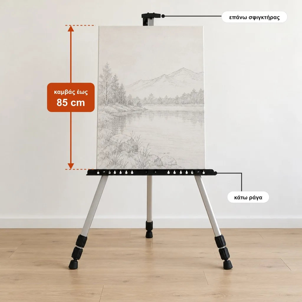Καμβάς ύψους έως 85 cm στις ρυθμιζόμενες βάσεις του καβαλέτου Royal ALUMINIUM