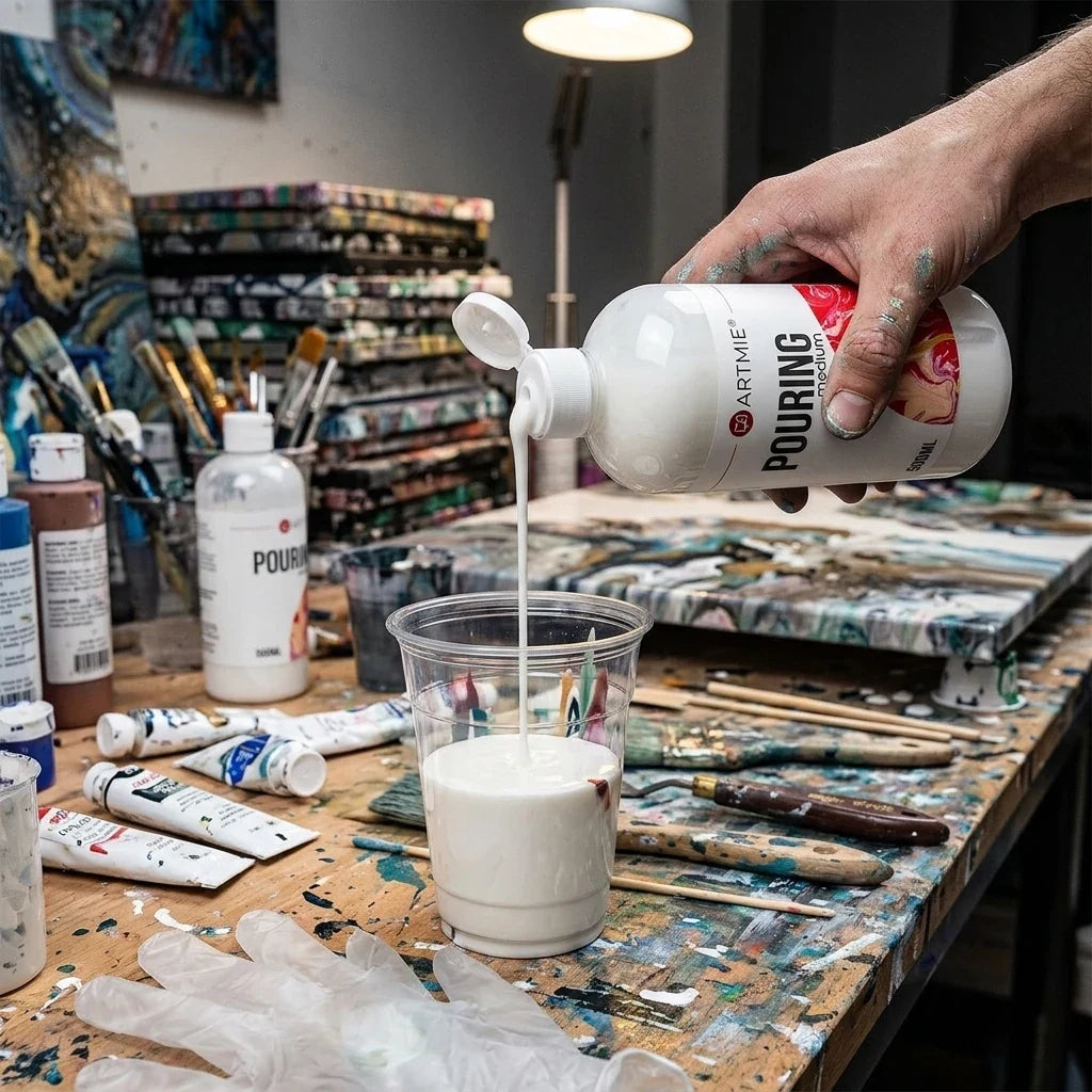 Χύσιμο του λευκού pouring medium ARTMIE από το μπουκάλι των 500 ml σε ποτήρι